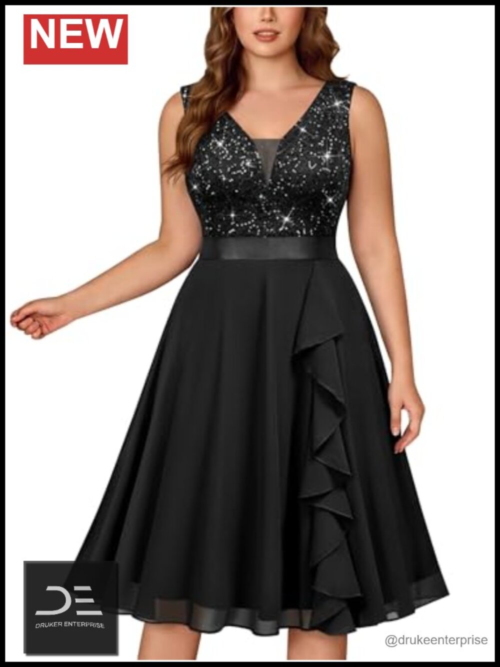 Plus Size Sequin Lace Ruffle Hem Chiffon V-Neck A-Line Prom Dress